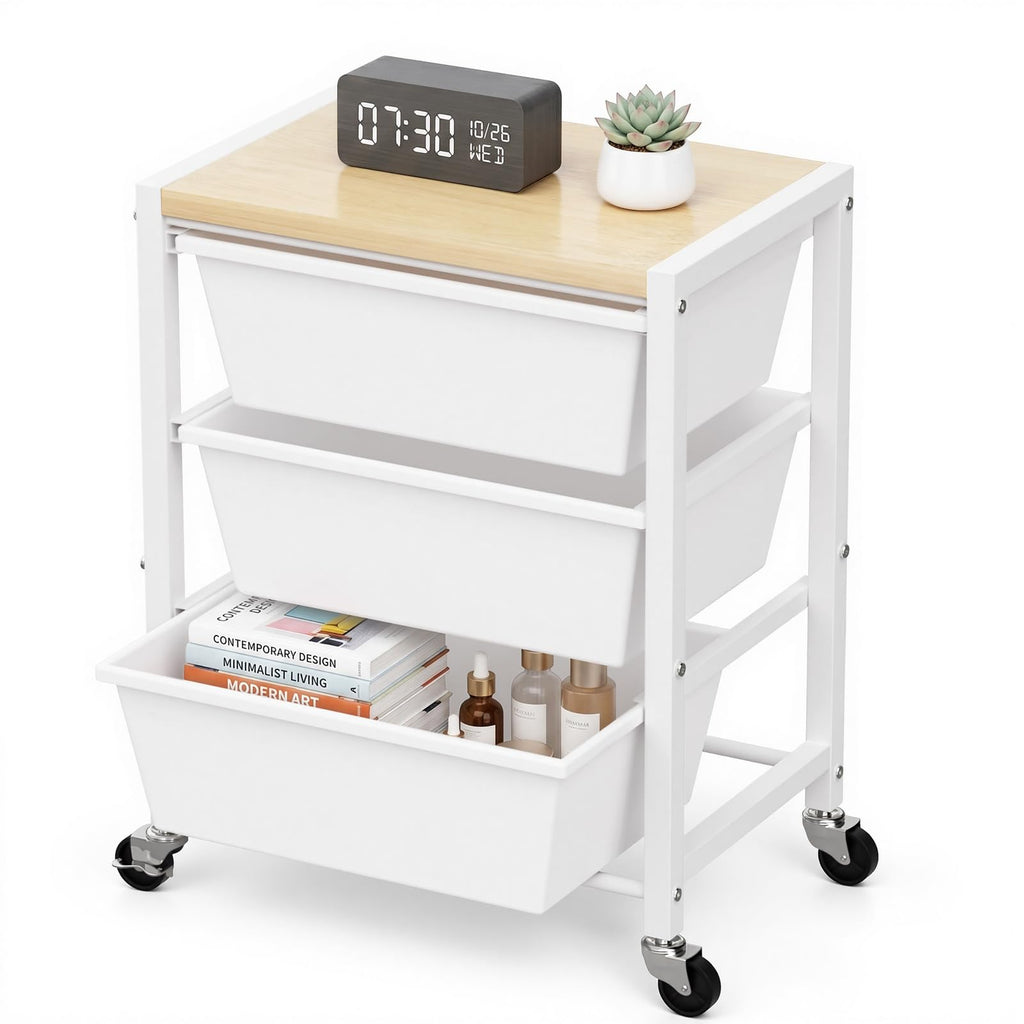 Rolling Cart with 3 Drawers, Lockable Wheels & Wooden Tabletop, Bright White P25406