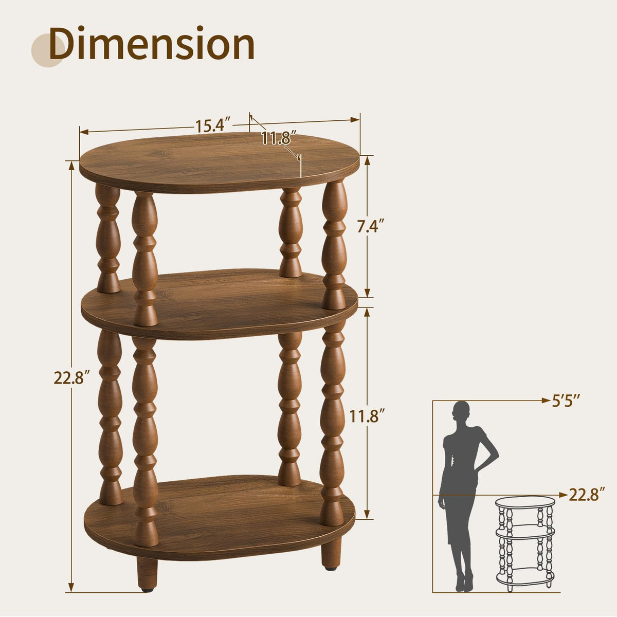 3-Tier Oval Wood Side Table with Storage Shelf B825336