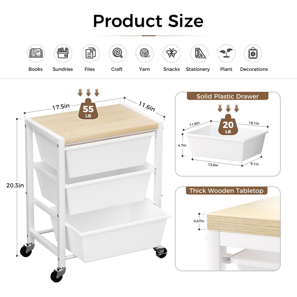 Rolling Cart with 3 Drawers, Lockable Wheels & Wooden Tabletop, Bright White P25406