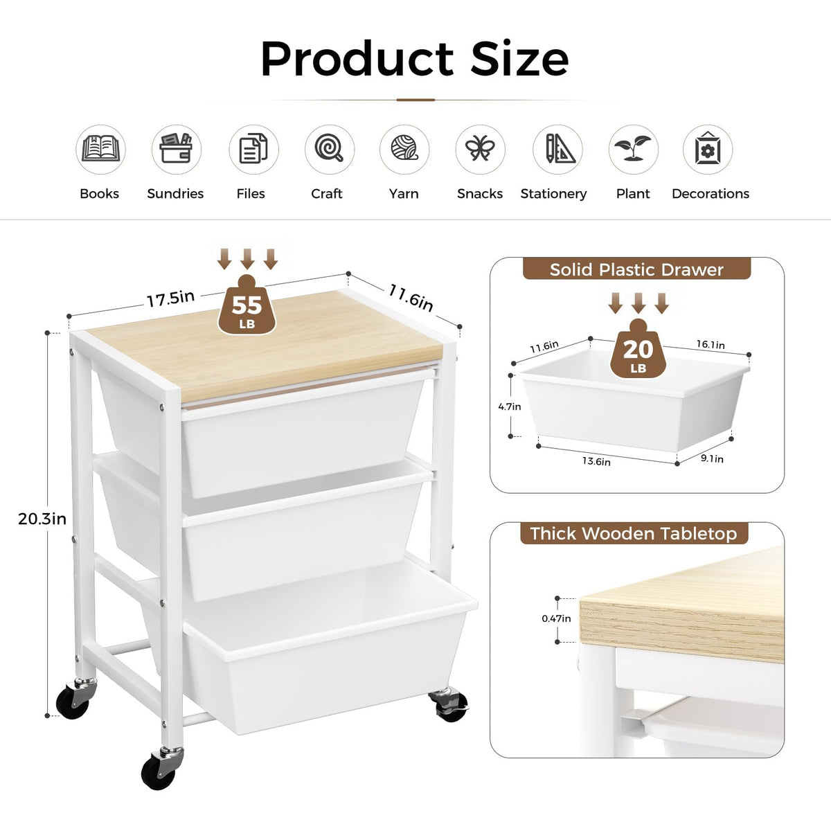 Rolling Cart with 3 Drawers, Lockable Wheels & Wooden Tabletop, Bright White P25406