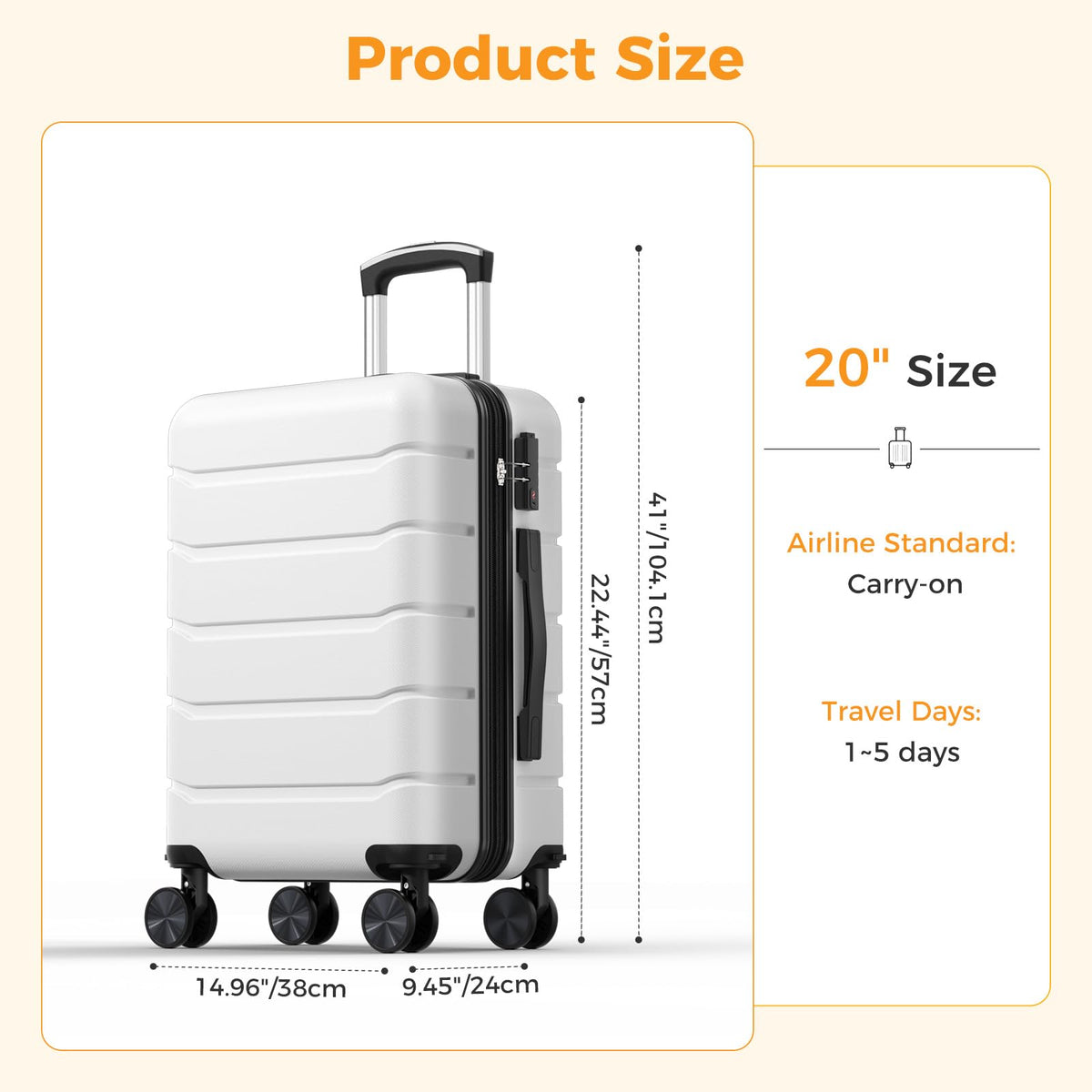 20 Inch White Hard Shell Carry on Luggage D390