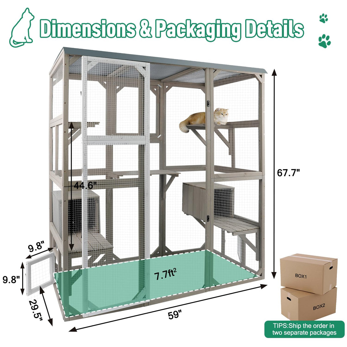 Large Wooden Outdoor Cat Catio Enclosure with 2 Doors, 2 Resting Rooms, 5 Platforms X2954