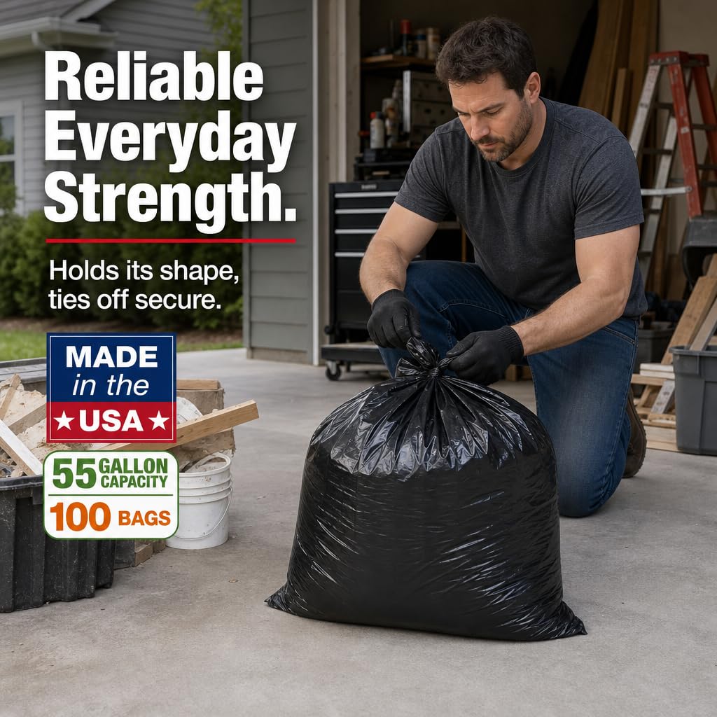 Heavy Duty Black 55-60 Gallon Trash Bags 100 Count R89303
