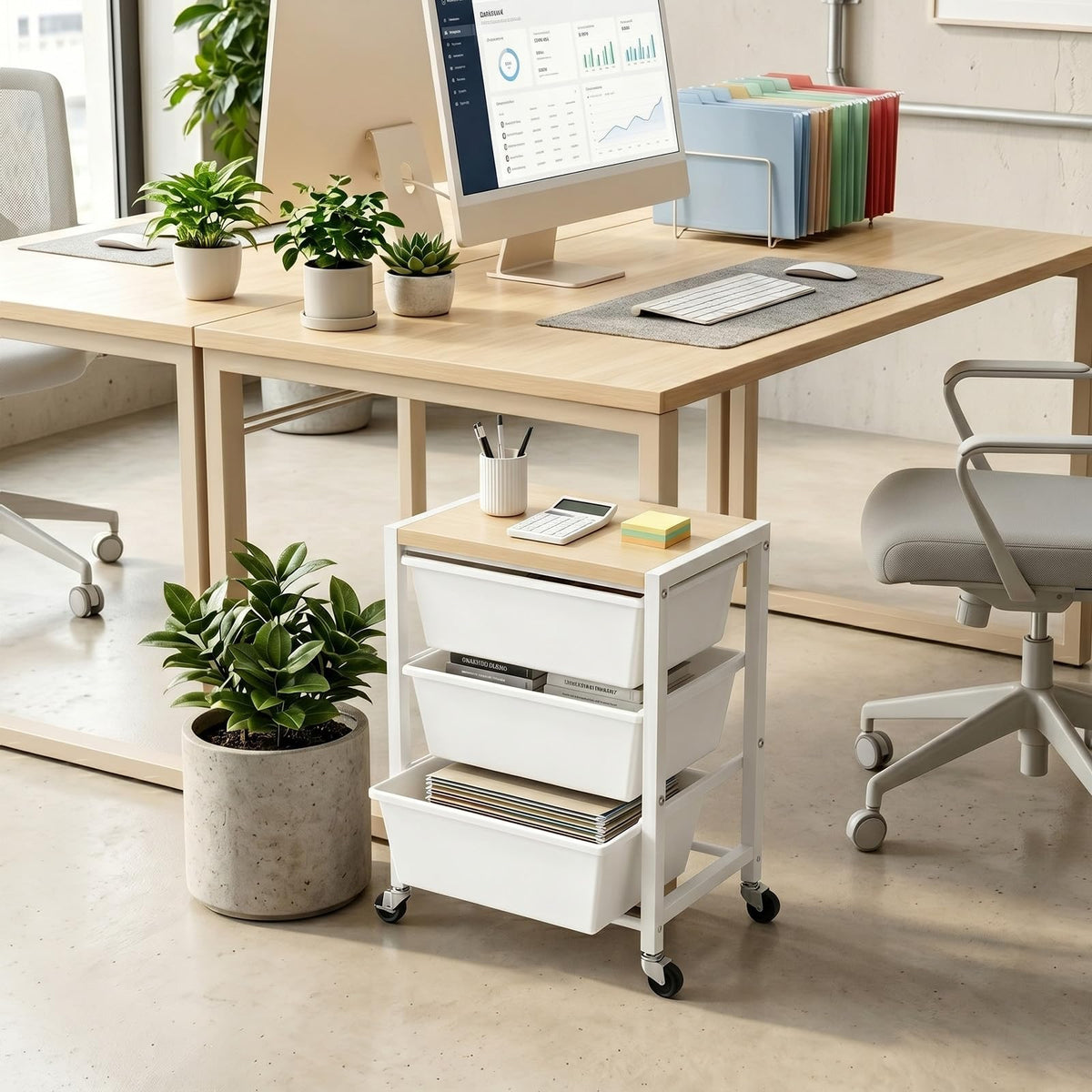 Rolling Cart with 3 Drawers, Lockable Wheels & Wooden Tabletop, Bright White P25406