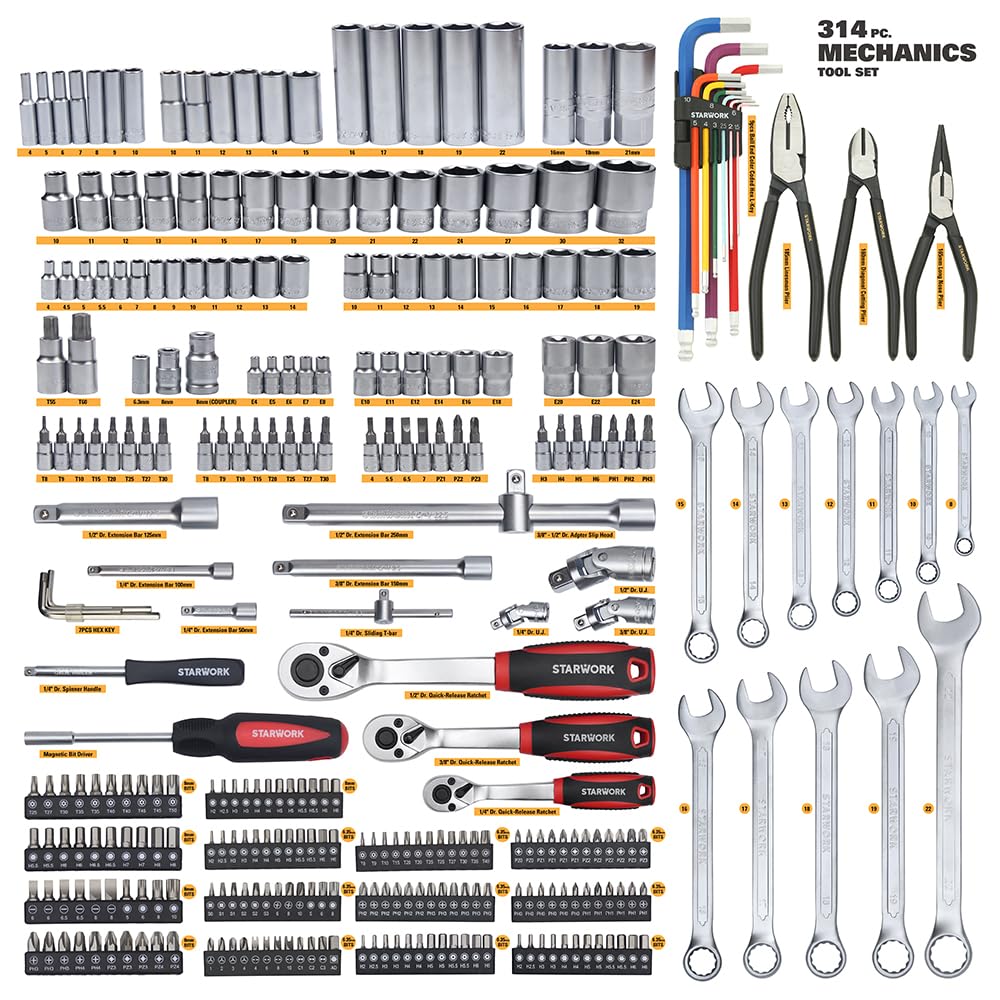 314-Piece Mechanics Tool Set and Socket Set, 1/4", 3/8", 1/2" Drive, Metric A623