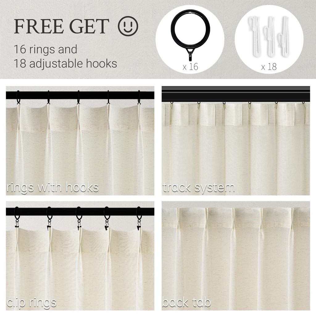 132 Inch Pinch Pleated Linen Curtains 2 Panels Natural Semi Sheer N931233