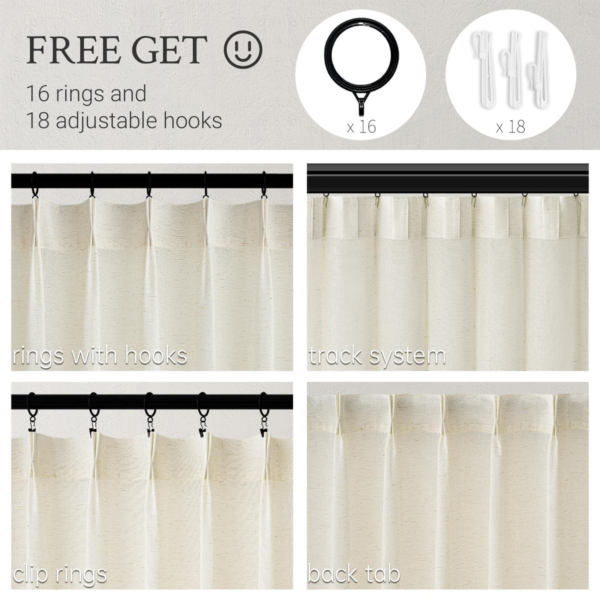 132 Inch Pinch Pleated Linen Curtains 2 Panels Natural Semi Sheer N931233