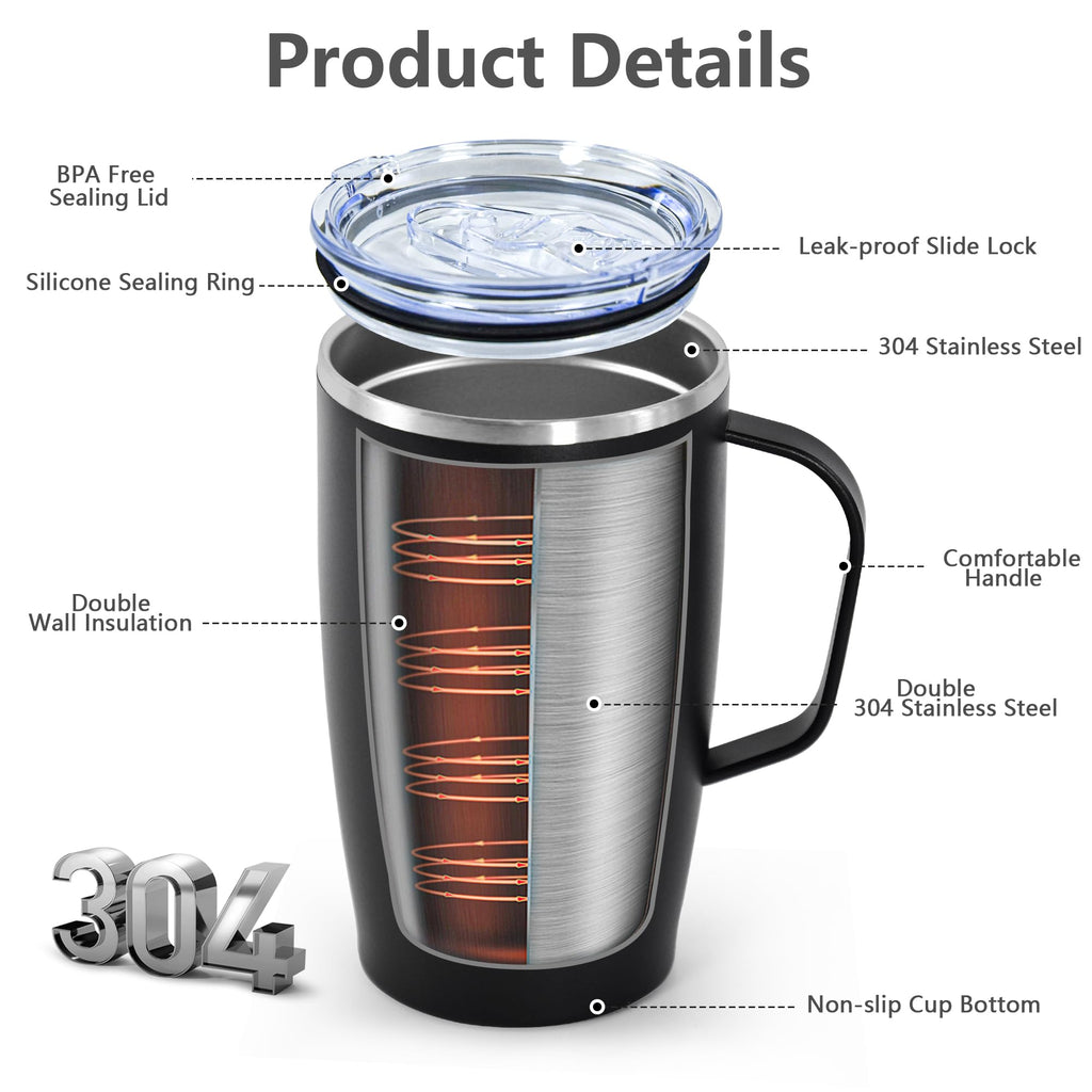 16oz Coffee Mug with Handle, 2Pack Insulated Tumblers with Lid and Straw L279