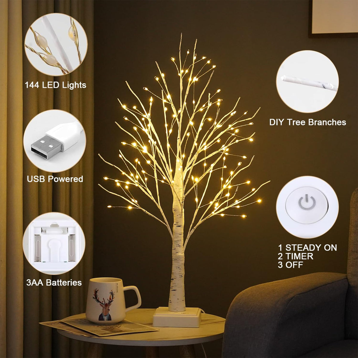 24" 2FT White Birch Tree with 144 LED Lights K4239