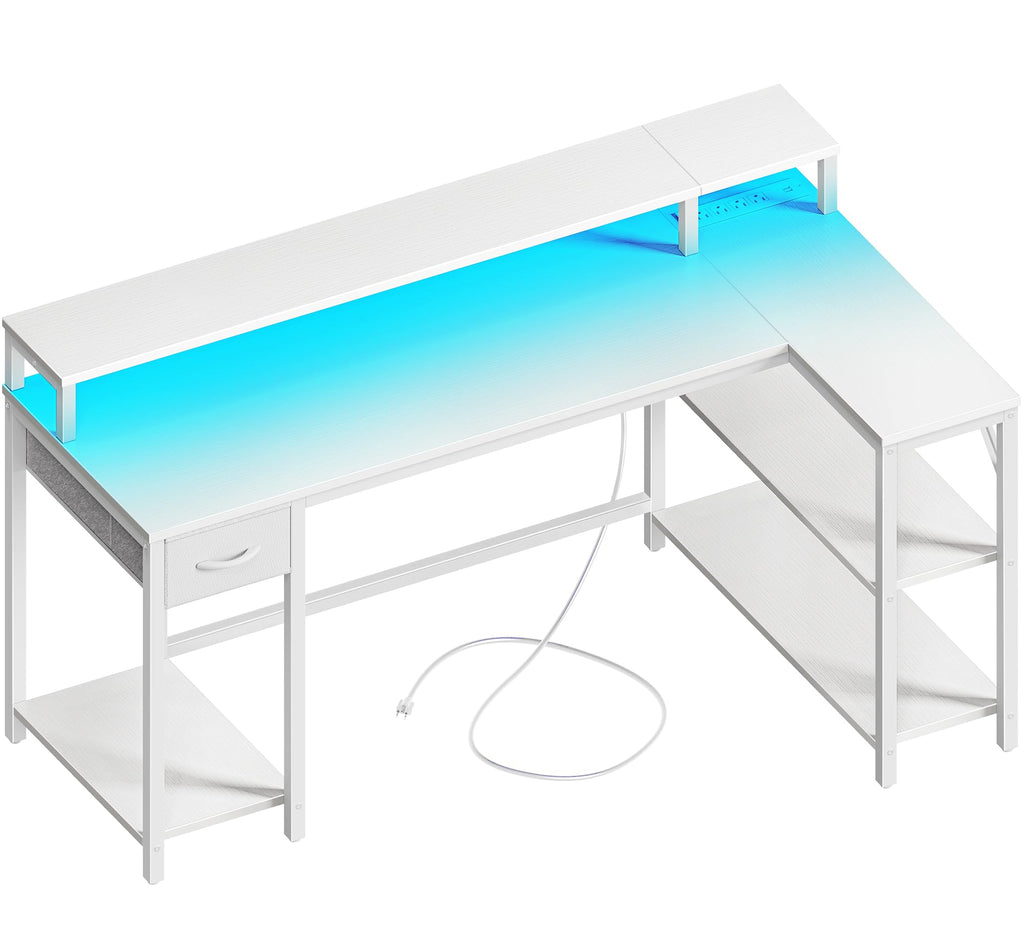 53 inch Reversible L Shaped Desk with LED Lights & Power Outlets C440