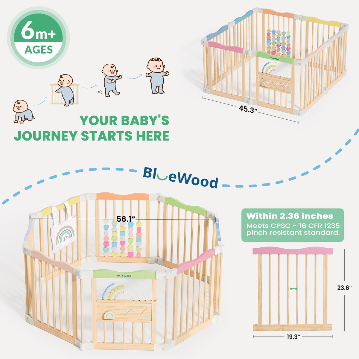 Foldable Wooden Baby Playpen, 45 x 45 x 24 inches V84590