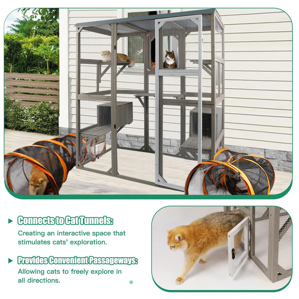 Large Wooden Outdoor Cat Catio Enclosure with 2 Doors, 2 Resting Rooms, 5 Platforms X2954