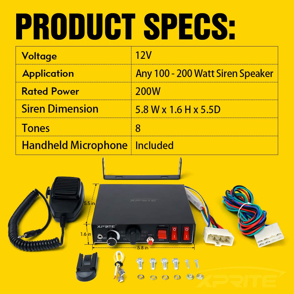 200 Watt 8 Tones Emergency Warning Siren PA System Kit with Handheld Microphone Q924992