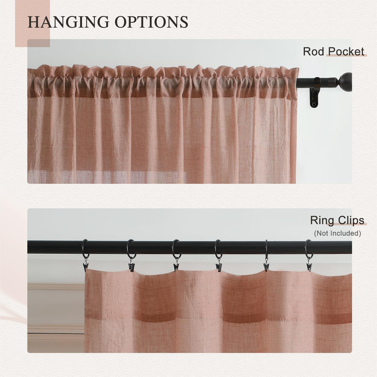 Blush Pink Sheer Cotton Linen Curtains 2 Panels L64043