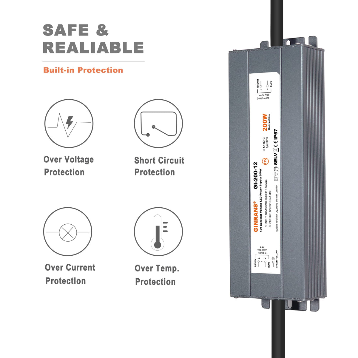 200W IP67 Waterproof Constant Voltage LED Driver Power Supply Transformer Y82671
