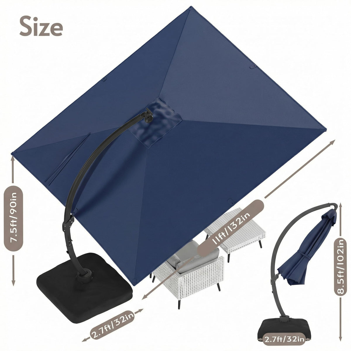 11x11ft Solar Powered Led Cantilever Umbrella with Base J778