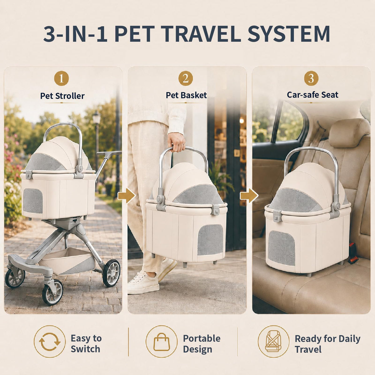 Khaki Dog Stroller with Detachable Carrier W6077