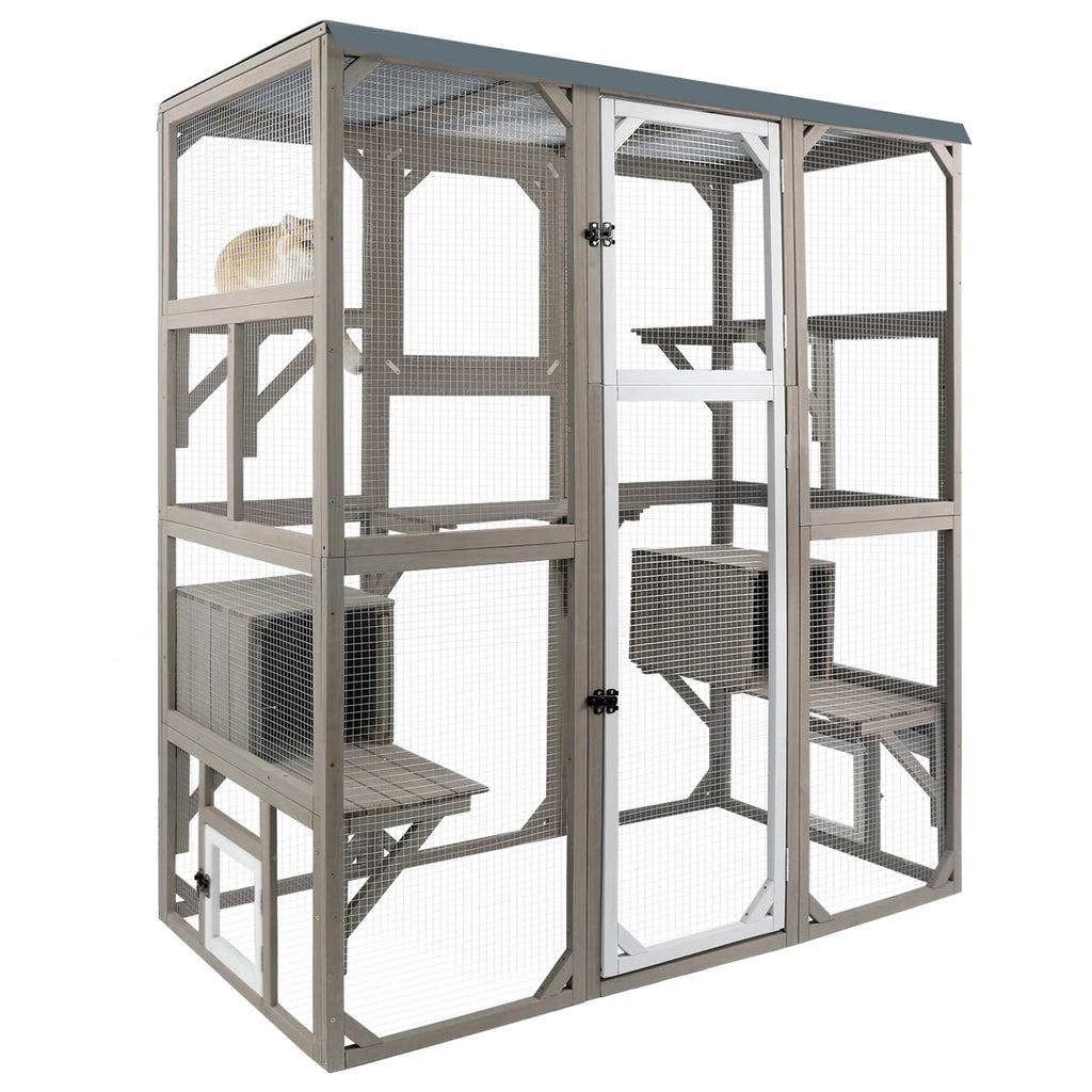 Large Wooden Outdoor Cat Catio Enclosure with 2 Doors, 2 Resting Rooms, 5 Platforms X2954