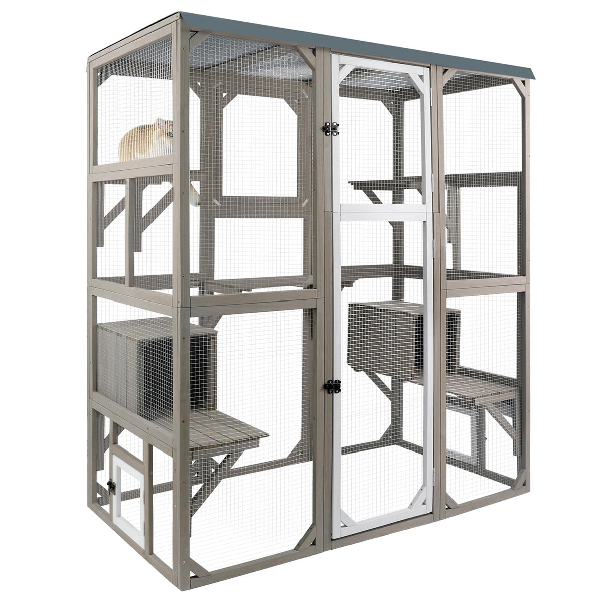 Large Wooden Outdoor Cat Catio Enclosure with 2 Doors, 2 Resting Rooms, 5 Platforms X2954