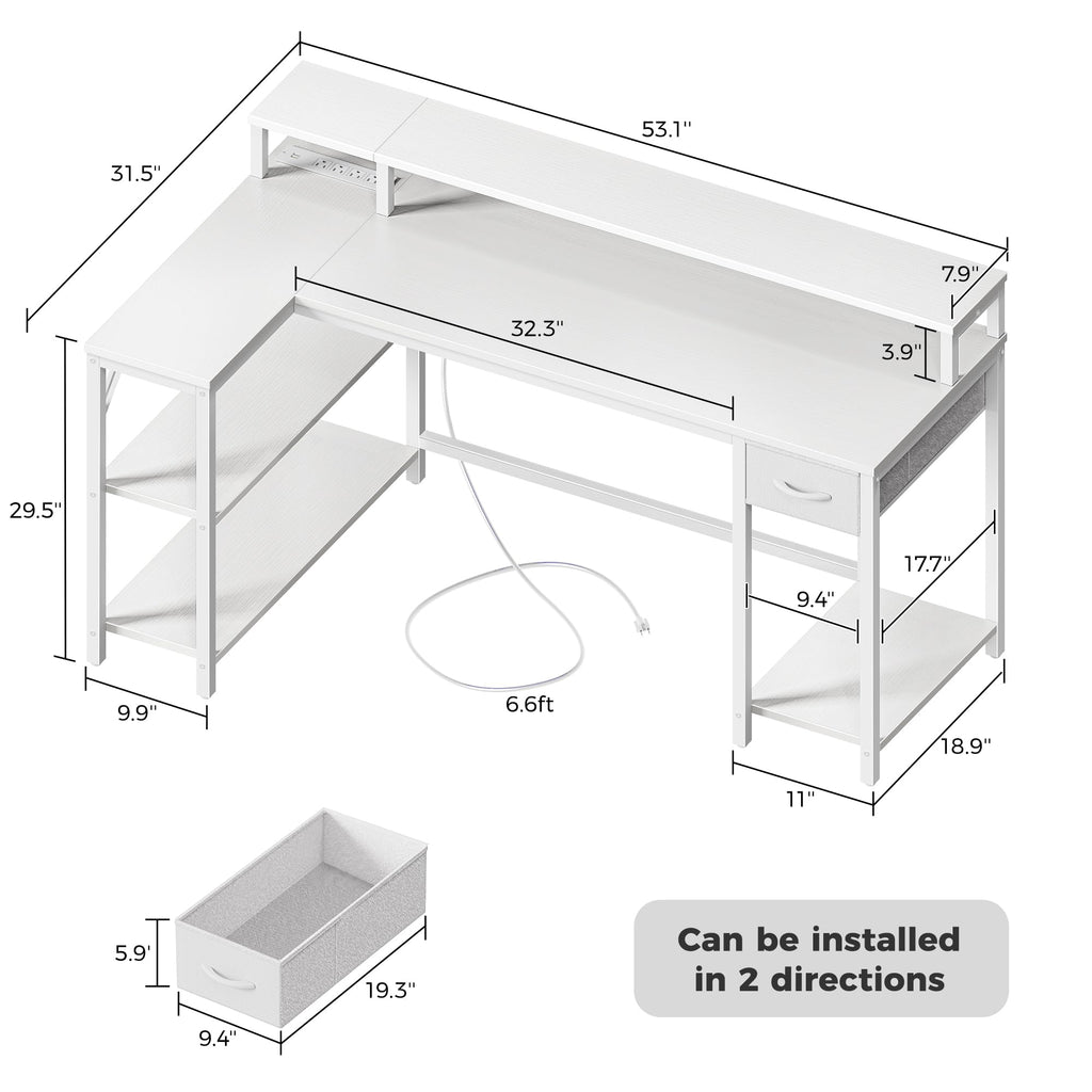 53 inch Reversible L Shaped Desk with LED Lights & Power Outlets C440