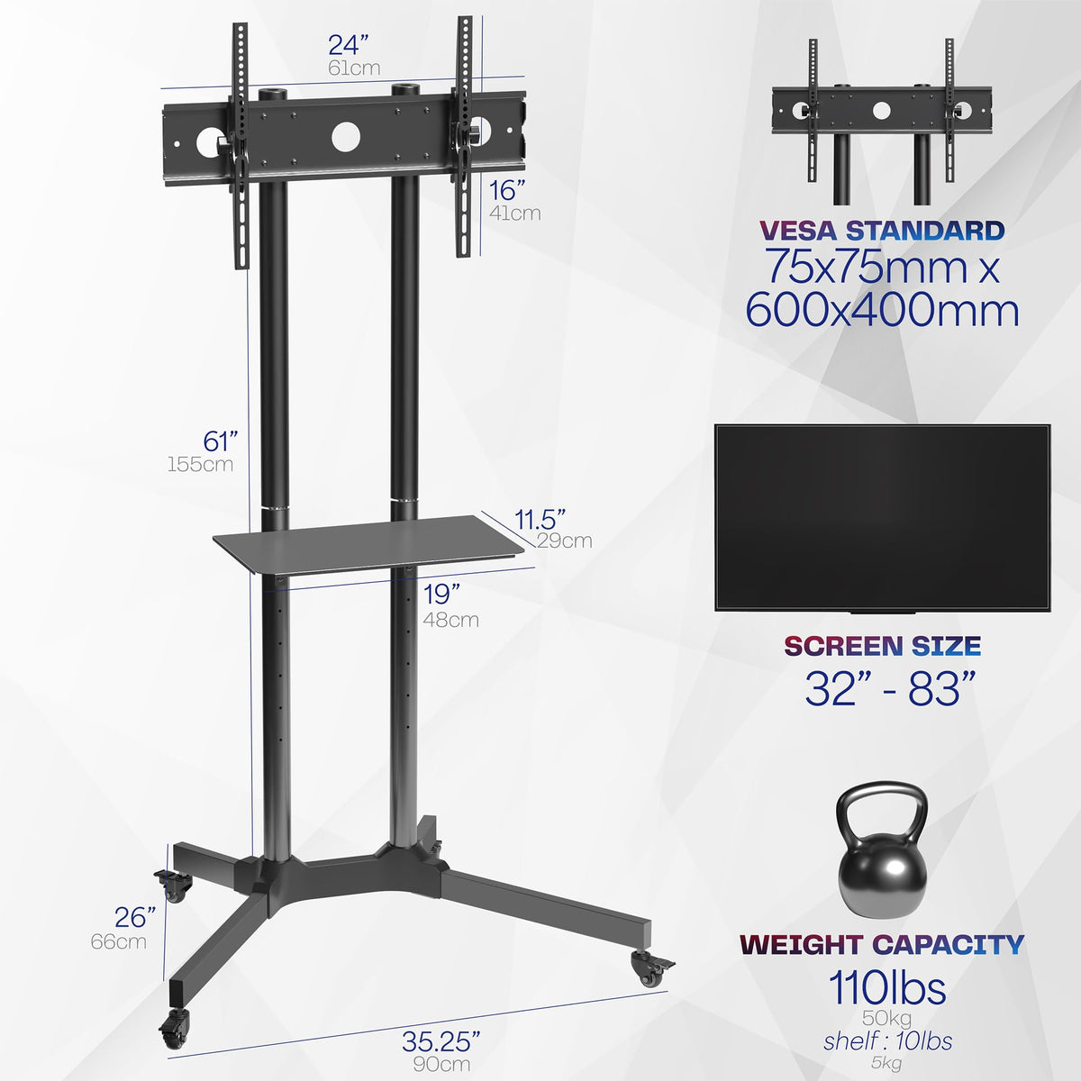 Black Mobile TV Cart for 32 to 83 inch Screens G377