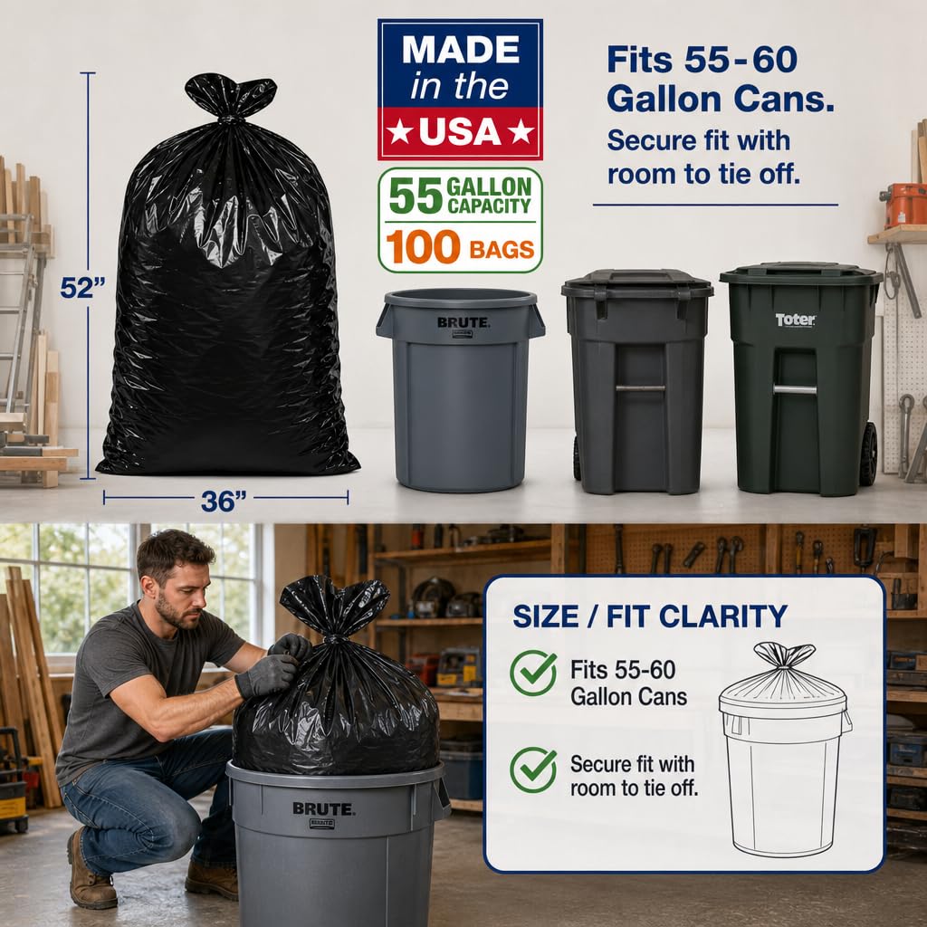 Heavy Duty Black 55-60 Gallon Trash Bags 100 Count R89303