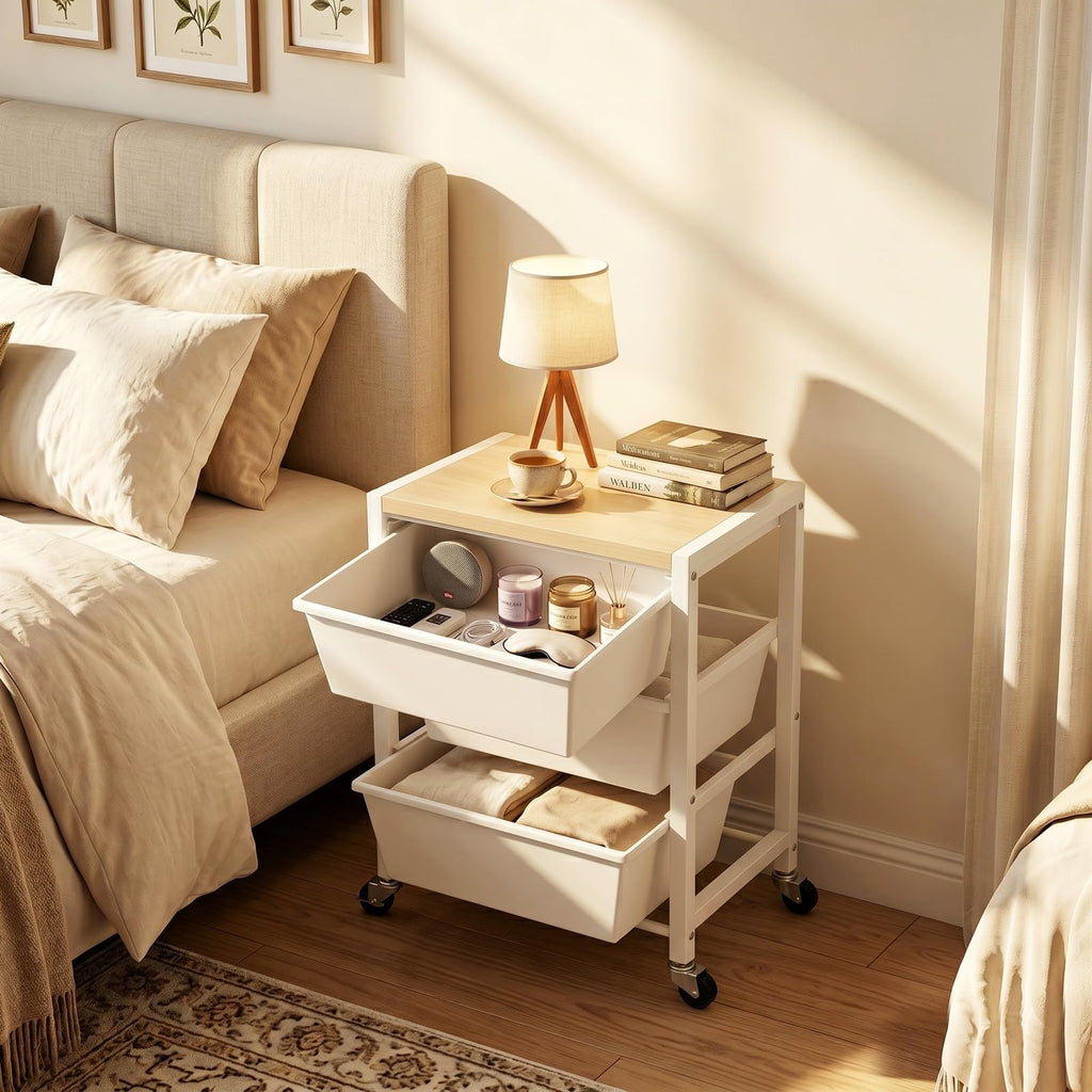 Rolling Cart with 3 Drawers, Lockable Wheels & Wooden Tabletop, Bright White P25406