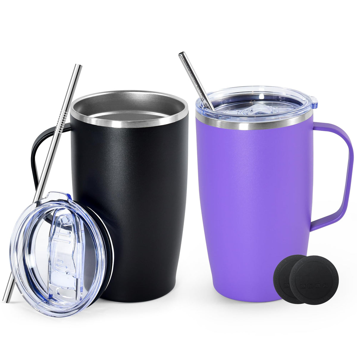 16oz Coffee Mug with Handle, 2Pack Insulated Tumblers with Lid and Straw L279