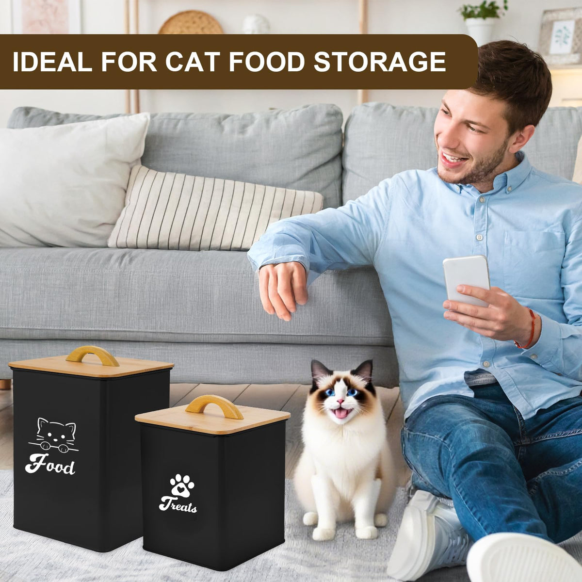 Black Airtight Cat Food Storage Container with Scoop V955696