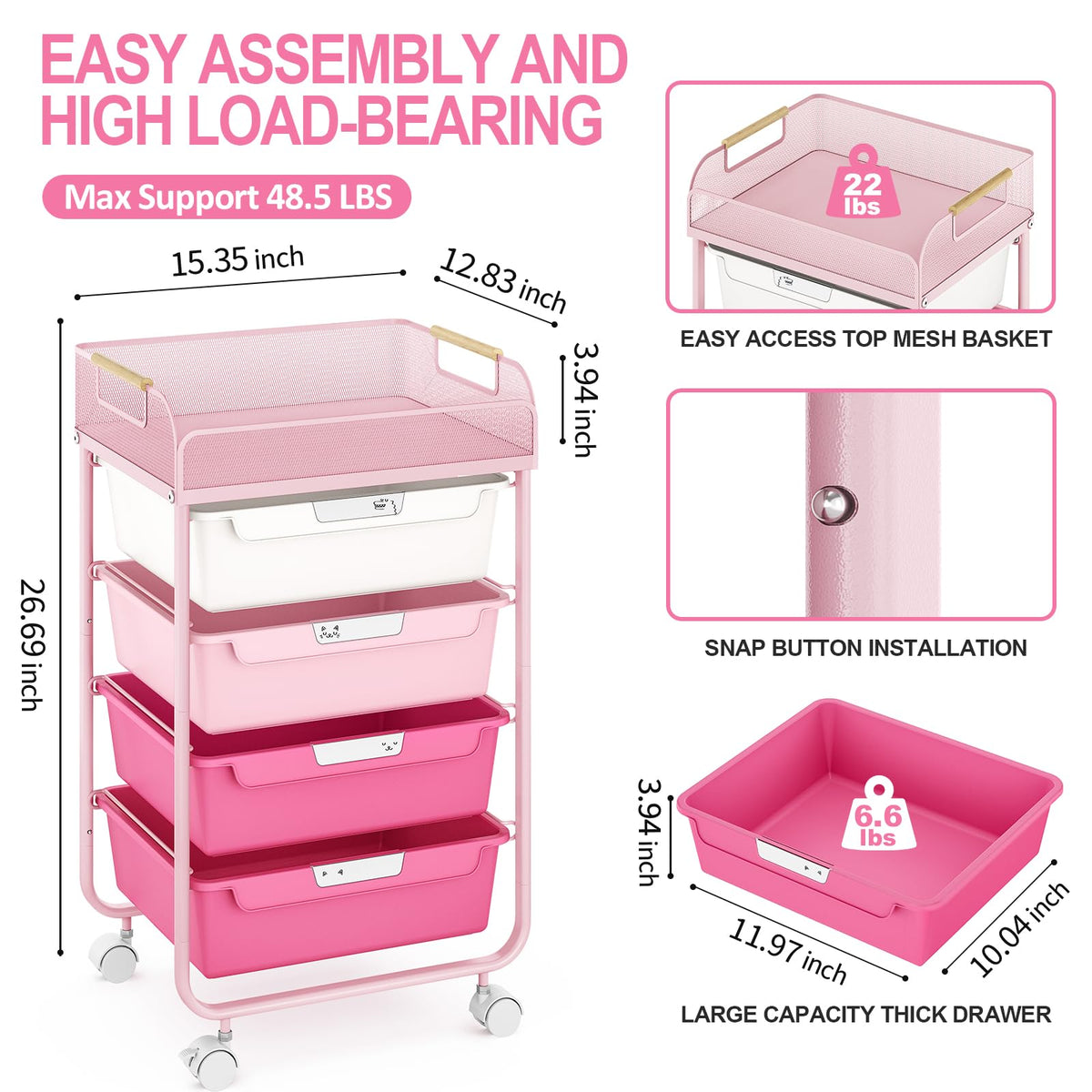 4-Drawer Rolling Storage Cart with Mesh Top L44165
