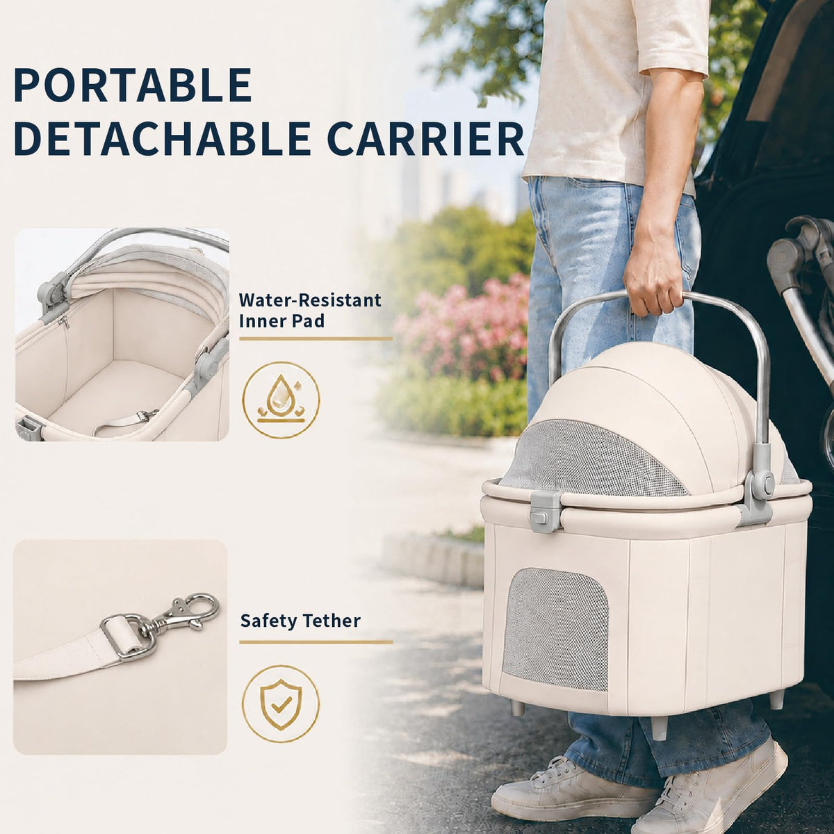 Khaki Dog Stroller with Detachable Carrier W6077