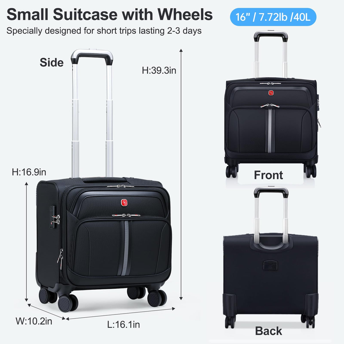 Black 16-Inch Underseat Carry-On Luggage with 4 Spinner Wheels C844439