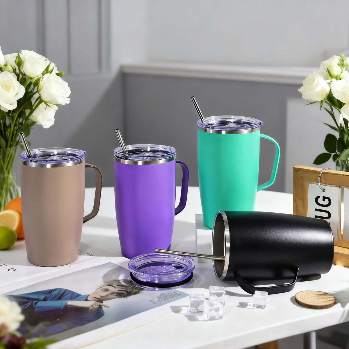 16oz Coffee Mug with Handle, 2Pack Insulated Tumblers with Lid and Straw L279