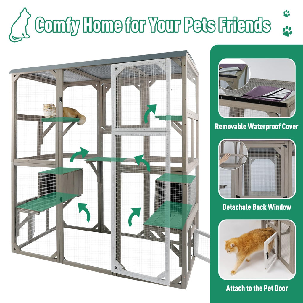 Large Wooden Outdoor Cat Catio Enclosure with 2 Doors, 2 Resting Rooms, 5 Platforms X2954