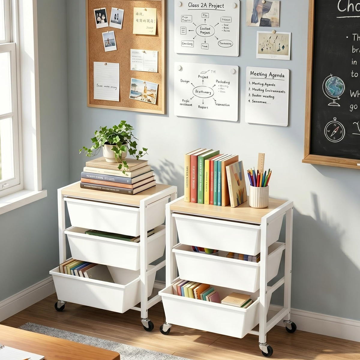Rolling Cart with 3 Drawers, Lockable Wheels & Wooden Tabletop, Bright White P25406