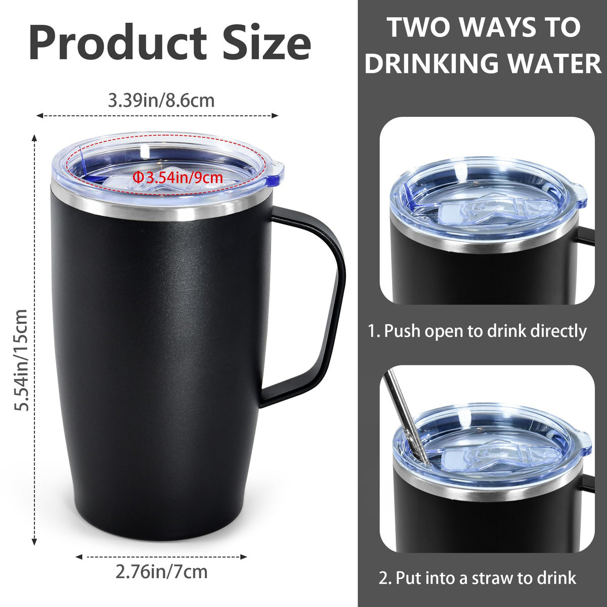16oz Coffee Mug with Handle, 2Pack Insulated Tumblers with Lid and Straw L279