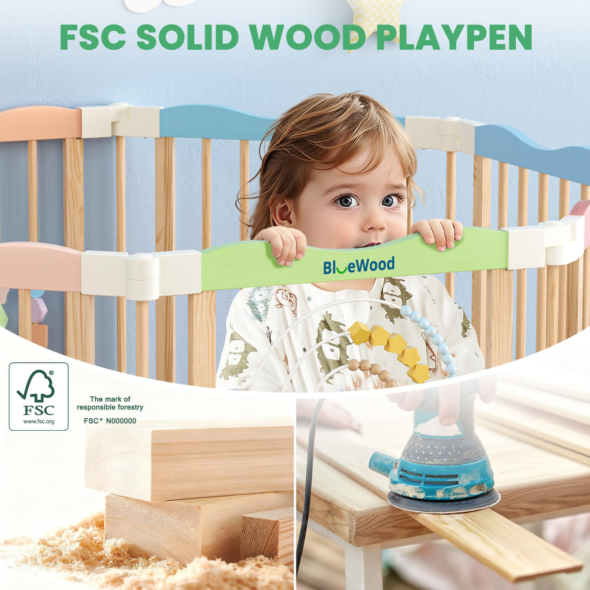 Foldable Wooden Baby Playpen, 45 x 45 x 24 inches V84590