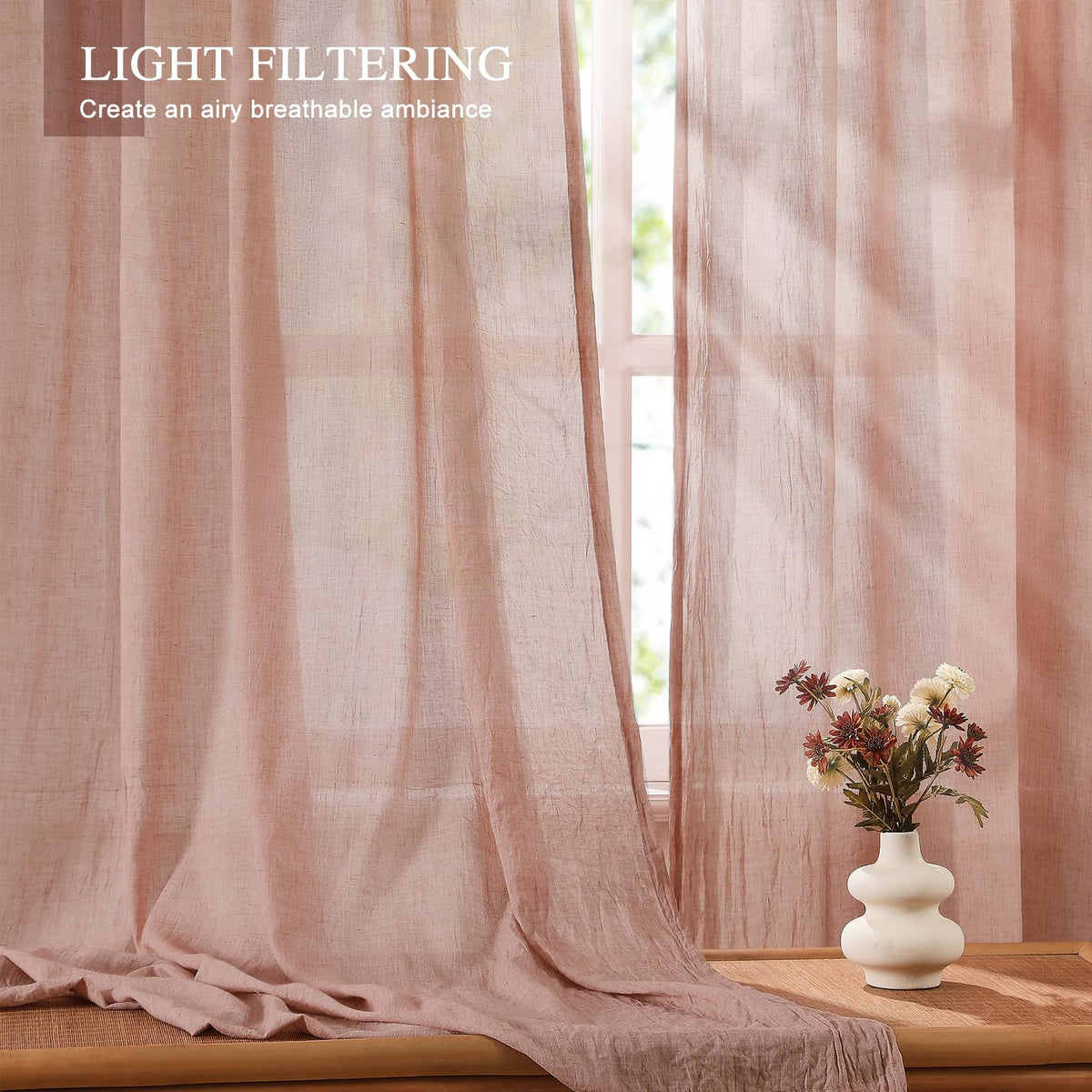 Blush Pink Sheer Cotton Linen Curtains 2 Panels L64043