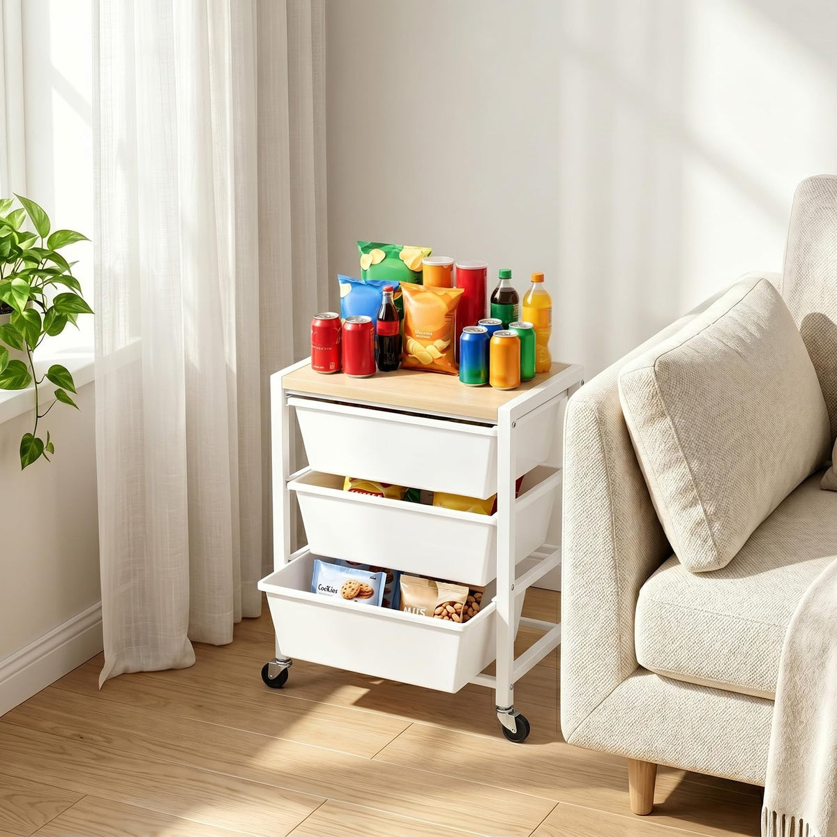 Rolling Cart with 3 Drawers, Lockable Wheels & Wooden Tabletop, Bright White P25406