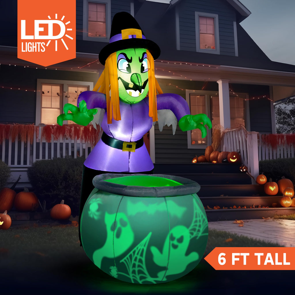 6 Ft Halloween Inflatable Witch and Cauldron Decoration with Green Ghost Light O7727