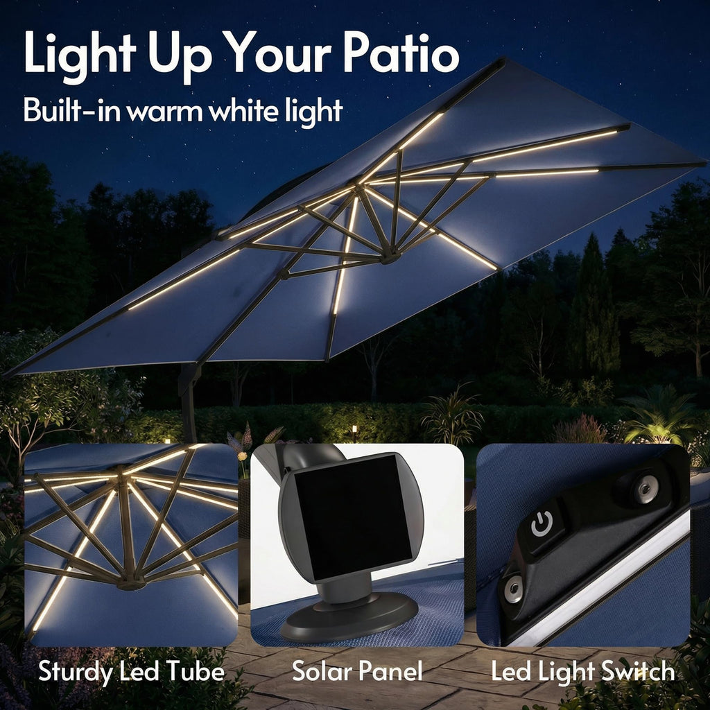 11x11ft Solar Powered Led Cantilever Umbrella with Base J778