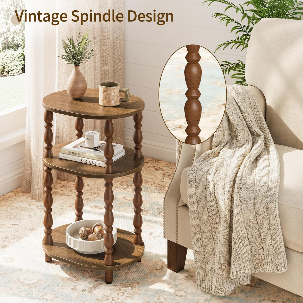 3-Tier Oval Wood Side Table with Storage Shelf B825336
