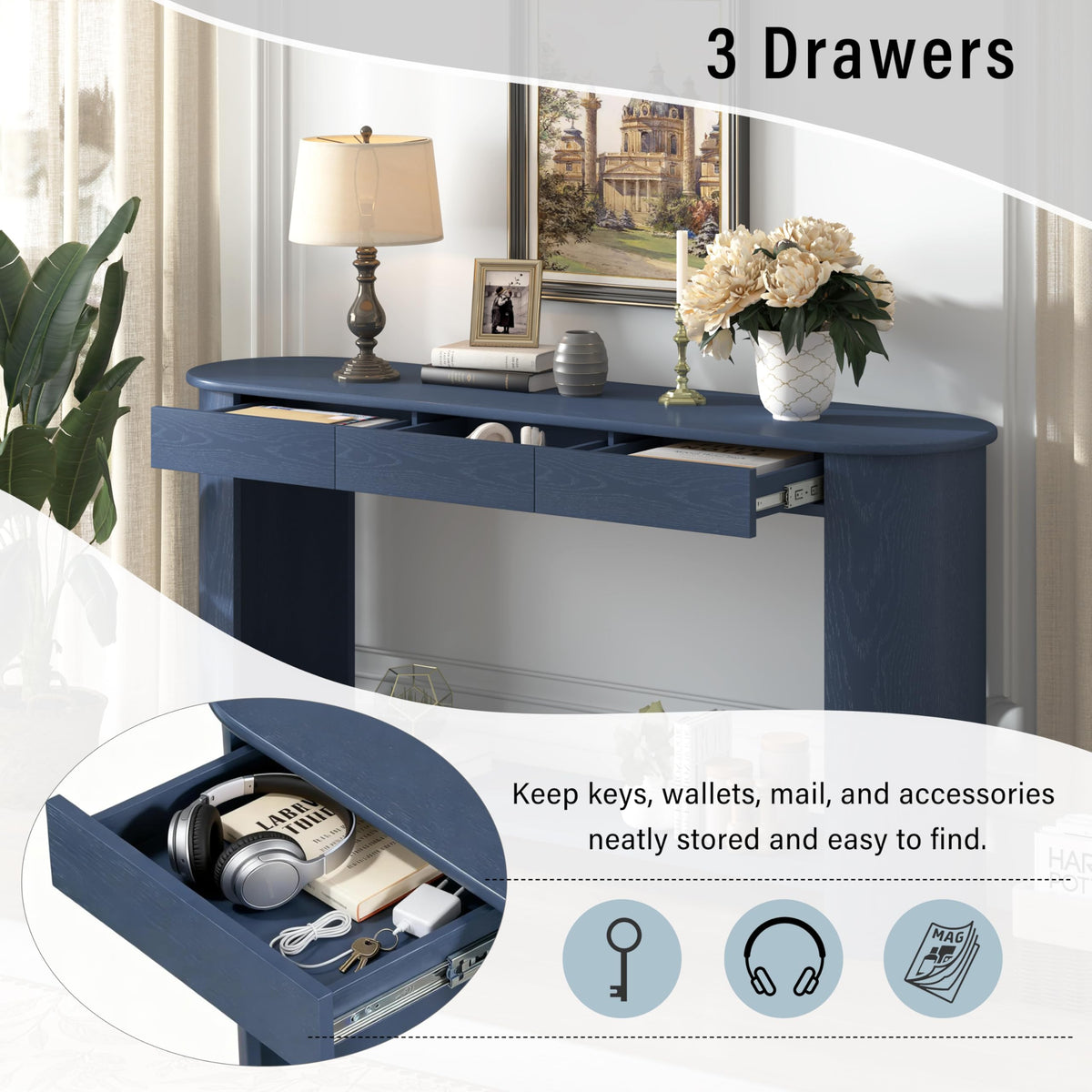 Curved Console Table with 3 Drawers and Bottom Shelf V12724