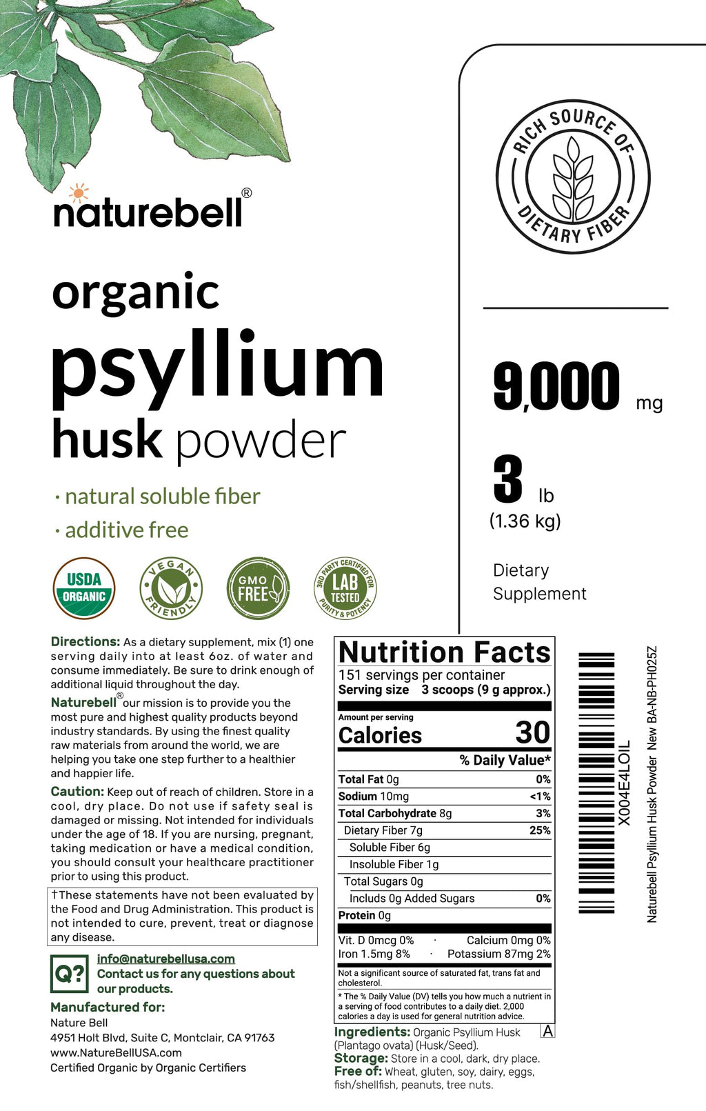 Organic Psyllium Husk Fiber Powder, 3lb, Unflavored P7216