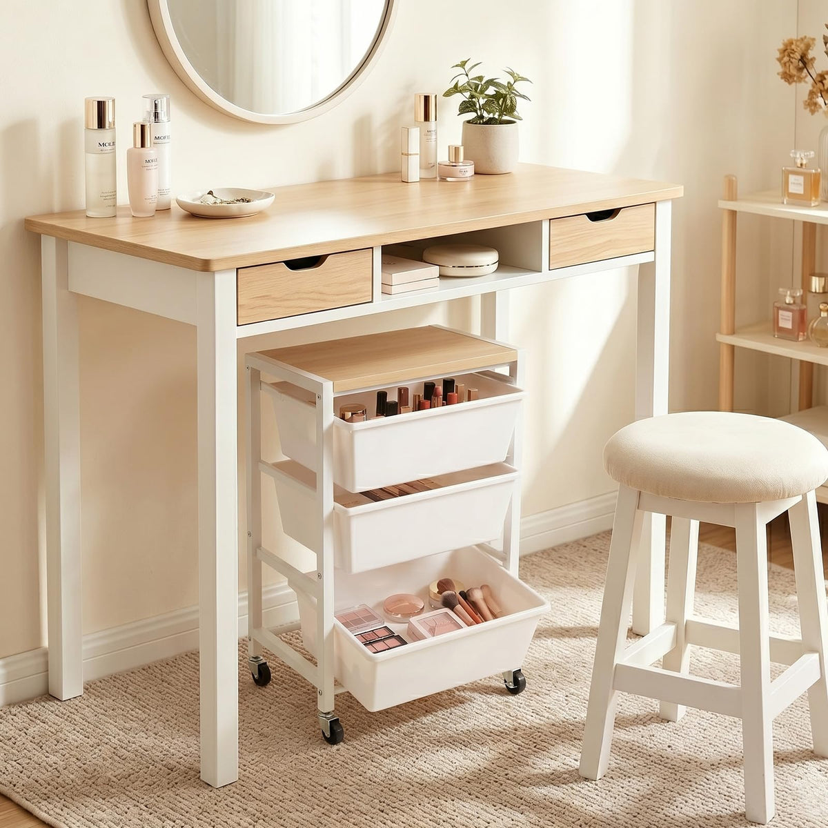 Rolling Cart with 3 Drawers, Lockable Wheels & Wooden Tabletop, Bright White P25406
