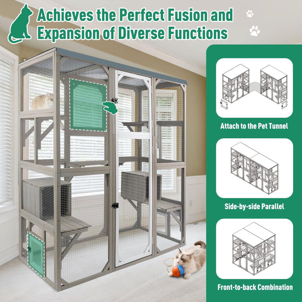 Large Wooden Outdoor Cat Catio Enclosure with 2 Doors, 2 Resting Rooms, 5 Platforms X2954