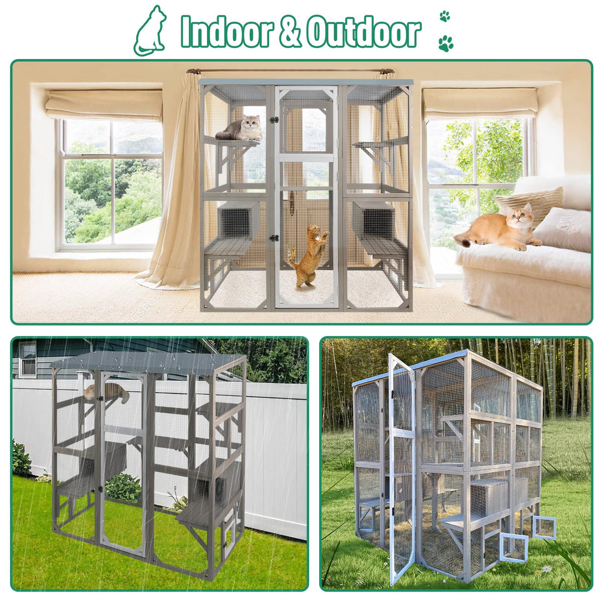 Large Wooden Outdoor Cat Catio Enclosure with 2 Doors, 2 Resting Rooms, 5 Platforms X2954