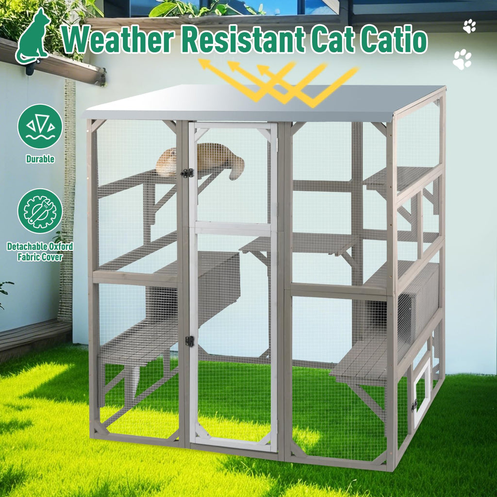 Large Wooden Outdoor Cat Catio Enclosure with 2 Doors, 2 Resting Rooms, 5 Platforms X2954