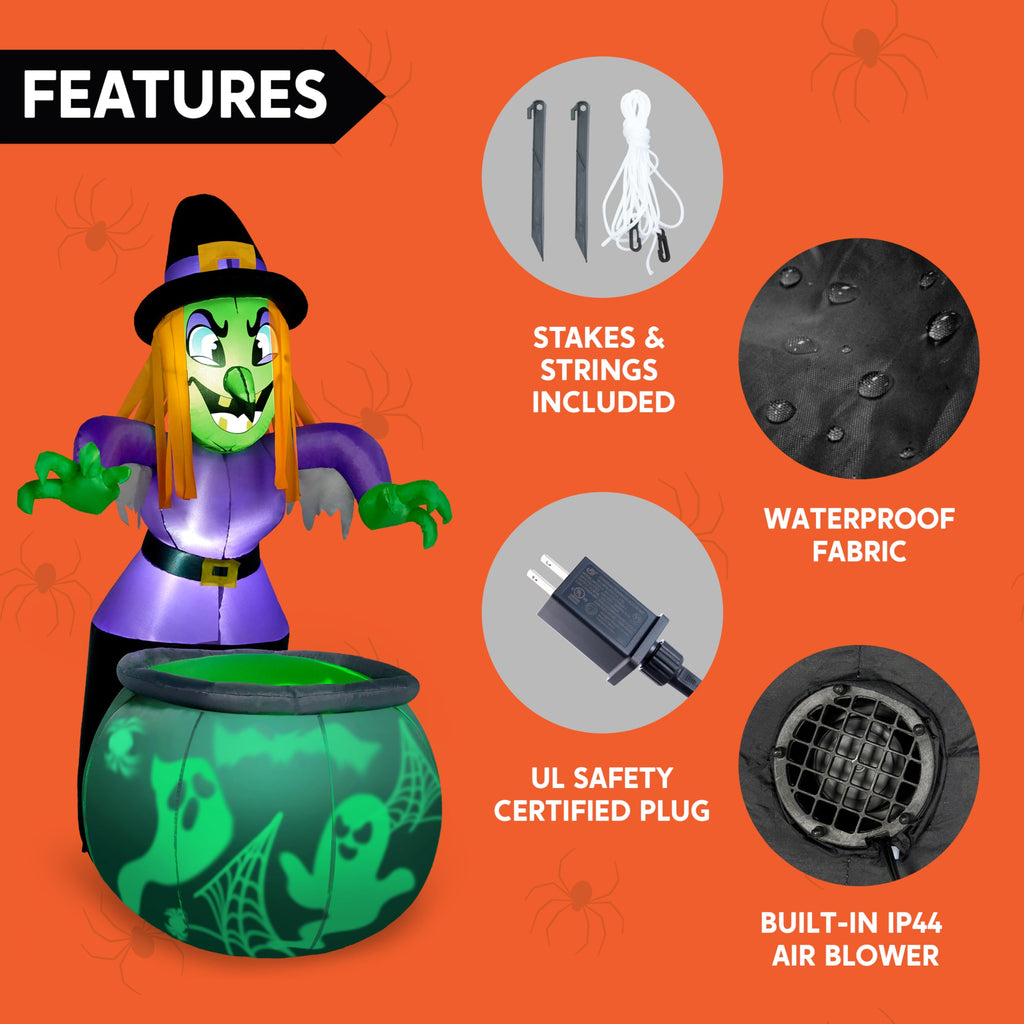 6 Ft Halloween Inflatable Witch and Cauldron Decoration with Green Ghost Light O7727