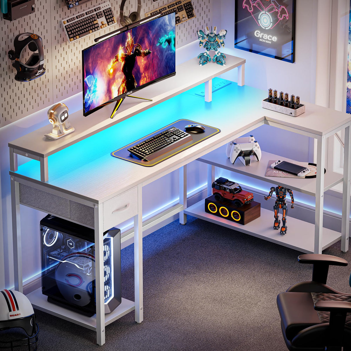 53 inch Reversible L Shaped Desk with LED Lights & Power Outlets C440
